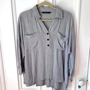 Women’s Zara Basic Light Grey Popover Loose Button Up Boxy Tunic Top Medium